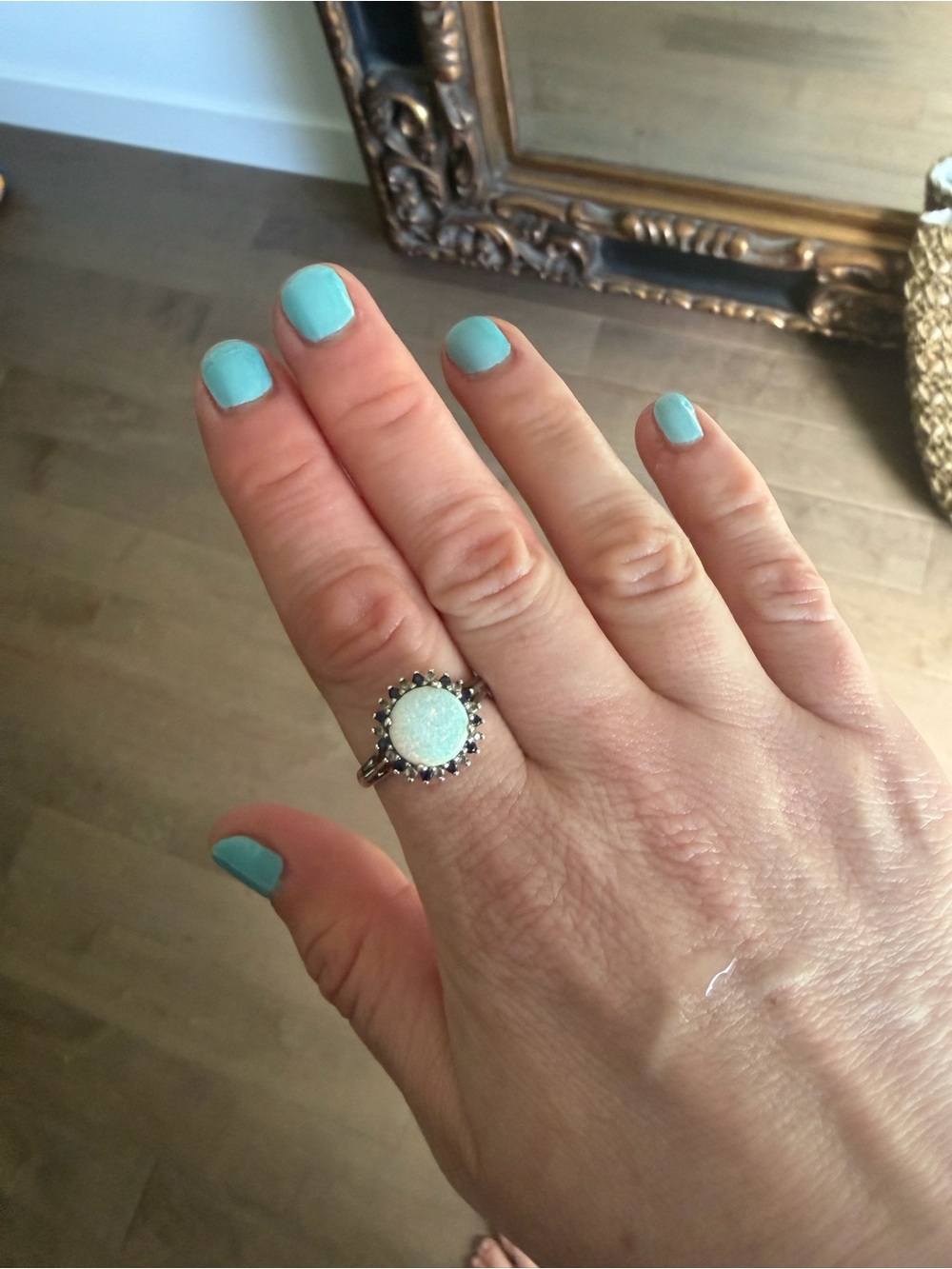 Sterling Opal Halo Ring with Blue Sapphire Accents - White Opal sz 10.5 - Picture 7 of 7